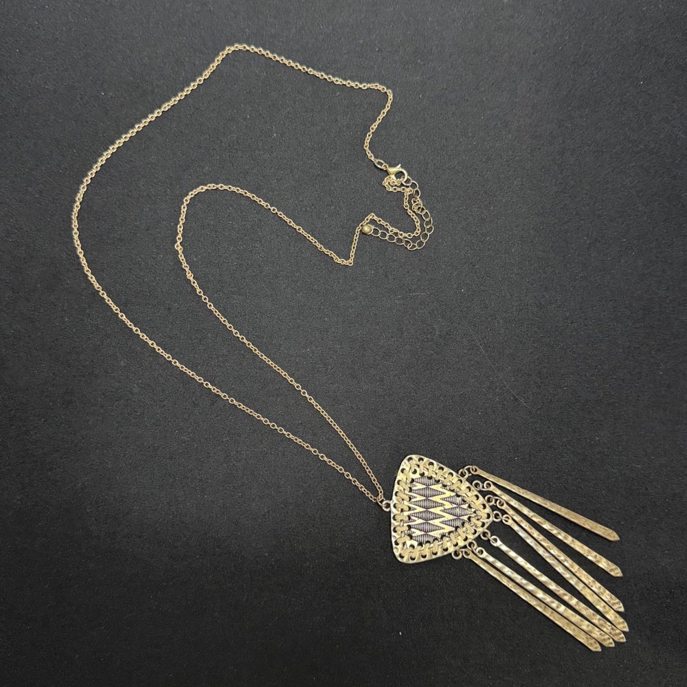 Statement Fringe Necklace Women OS Gold‎ Brass Tone Boho Tribal Hammered